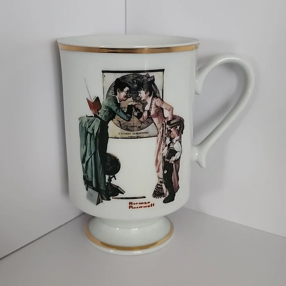 Norman Rockwell Elegant White Porcelain Mug with Vintage Design Set 7